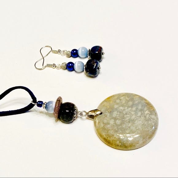 Navy Blue Brown & Gray Fossilized Coral Necklace & Matching Stone Earrings - Picture 7 of 14